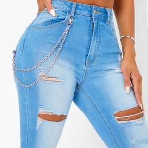 Distressed Medium Blue Wash Jeans with Chain Decor
